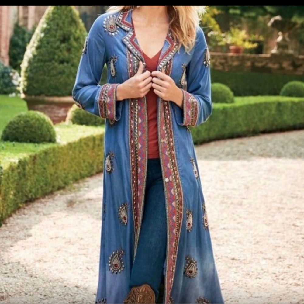 Soft Surroundings Blue Embroidered Coat